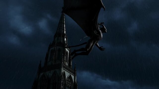 Mythical dragons expansive wing soars past gothic spire. Creature perches on an ominous tower building. Dramatic architecture frames powerful storm under dark sky