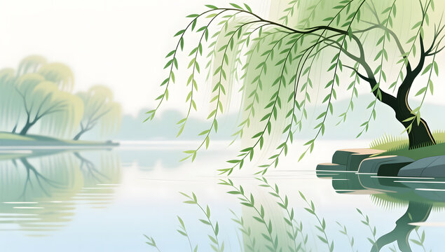 Spring willow bank reflections on the water surface