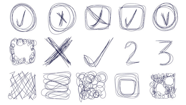 Hand Drawn Scribble Icons And Abstract Doodle Marks Set, Messy Sketch Symbols Check Mark Cross And Scribble Shapes, Creative Hand Drawn Doodle Lines And Abstract Scribble Elements, Rough Freehand Scri