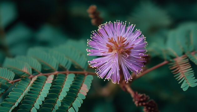 AI generator images of Mimosa pudica, Sensitive plant, Sleepy Plant, It has small, touch-sensitive blades that immediately fold together when touched to protect itself from threats.