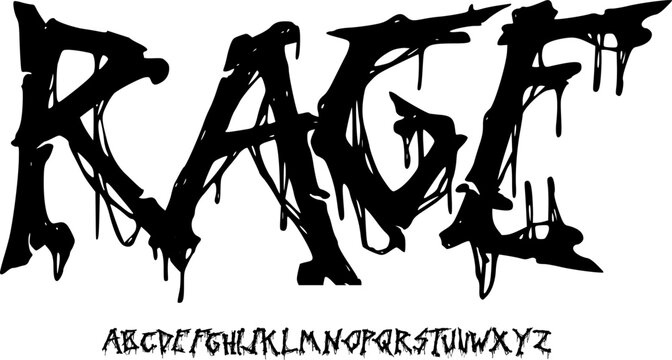 RAGE Extreme Horror Display Font Alphabet &ndash; Dripping Chaotic Gothic Decorative Typeface for Metal Band Logos, Dark Posters, Album Covers, Horror Branding, Merchandise, and Brutal Typography Projects