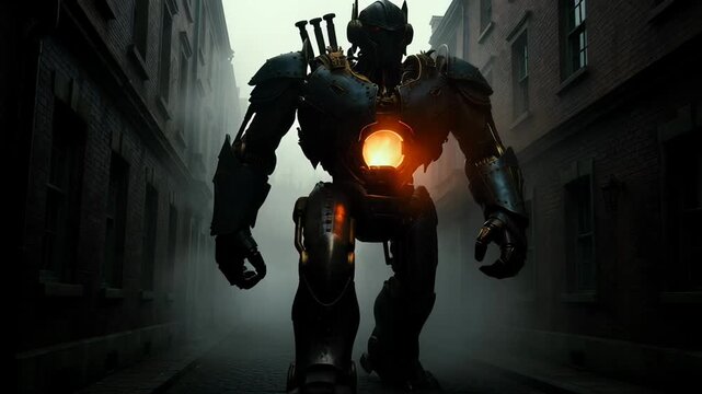 Giant futuristic robot mech, formidable machine, strides through dark urban city alley. Power radiates from glowing core, illuminating shadows, advanced technology asserting dominance