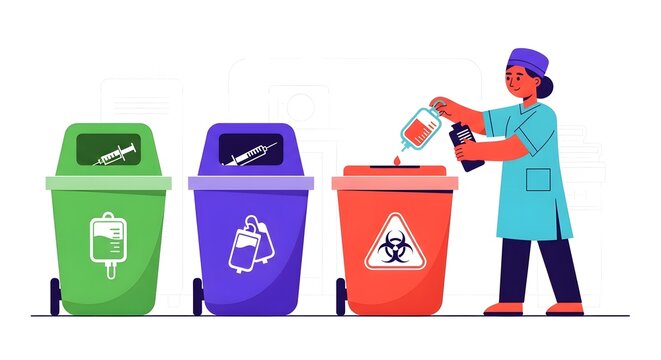 Medical Waste Disposal Nurse Sorting Hazardous Materials in Bins.