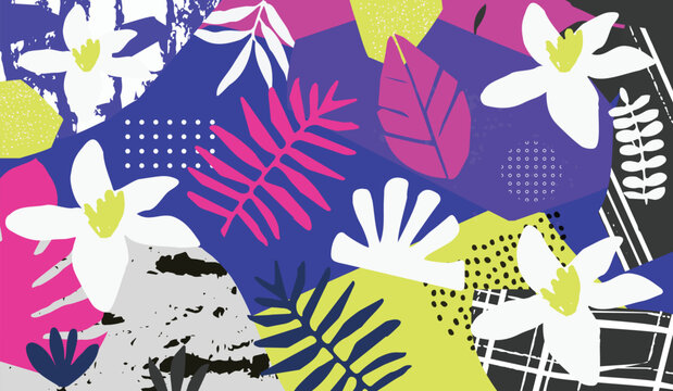 Tropical jungle leaves and flowers background. Colorful tropical poster design. Exotic leaves, flowers, plants and branches art print. Botanical pattern, wallpaper, fabric vector illustration design