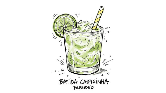 Hand-drawn caipirinha cocktail with lime slice and straw