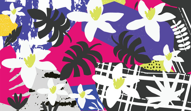 Tropical jungle leaves and flowers background. Colorful tropical poster design. Exotic leaves, flowers, plants and branches art print. Botanical pattern, wallpaper, fabric vector illustration design