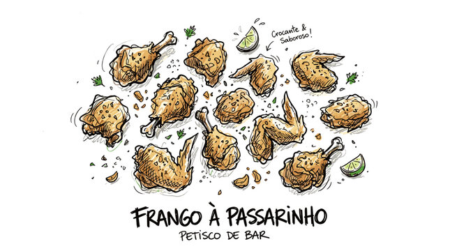 Loose sketch of fried chicken pieces and lime wedges, 'Frango a Passarinho'