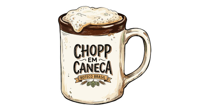 Hand-drawn beer mug with foam and "Chop em Caneca" text
