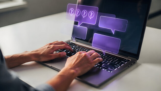 Hands interact with a laptop keyboard, displaying vibrant purple chat bubbles and question marks on the screen, symbolizing communication and inquiry
