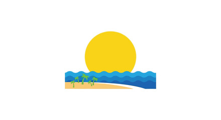 Sunset over calm ocean waves with palm trees on sandy beach in warm golden lighting for travel brochure