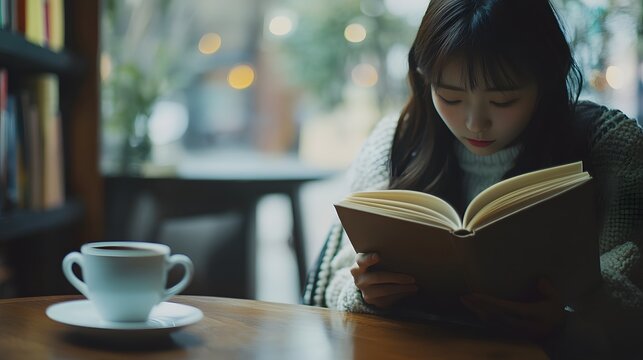 カフェで読書に没頭する日本の若者
