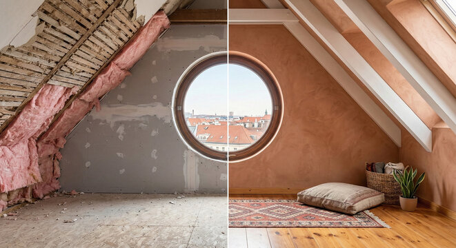 Cozy attic room transformed from old dusty construction site