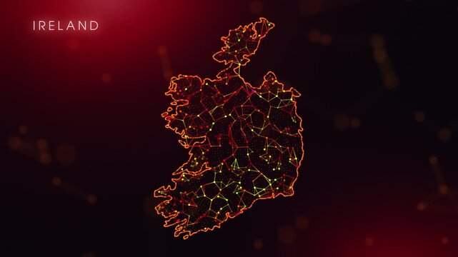 A dynamic motion video showcasing the Ireland country border through a colorful plexus reveal. Glowing red and orange dots represent high-tech data communication and global digital networks.