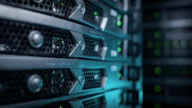 Closeup of cooled server units inside an encoding room blurred background showing airflow vents symbolizing efficient heat management during streaming operations.