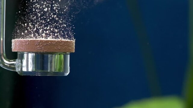 Slow motion of bubbles under water, freshwater aquarium. Oxygen diffuser under water pumping a lot of small bubbles.  Co2 reactor in freshwater aquarium makes bubbles.  Relaxation and meditation scene