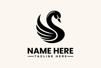 Fototapeta premium A stylized black swan logo with bold text 'NAME HERE' and 'TAGLINE HERE' on a clean white background, featuring a vector illustration design.
