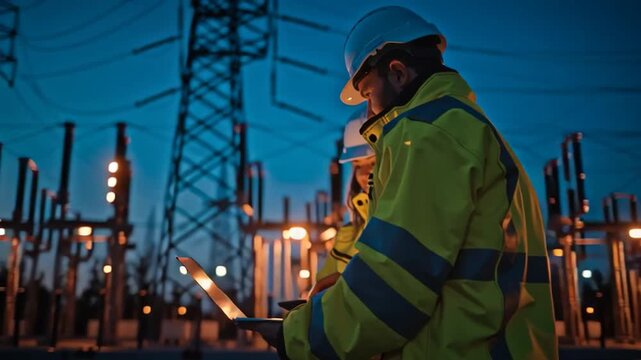 Engineers Working at Electrical Substation at Night Using Laptop