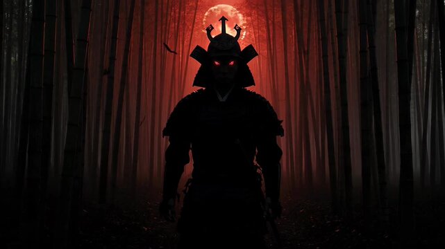 Samurai warrior silhouette haunts dark, mysterious forest. An ominous red moon illuminates scene, evoking immense power. formidable warriors helmet suggests resolute, dangerous spirit