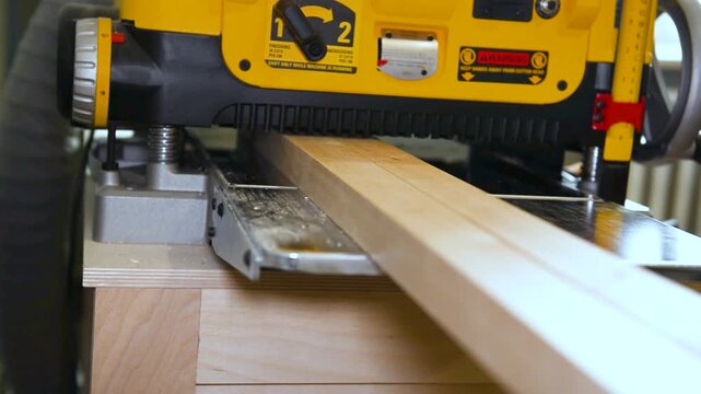 Carpenter shaping wooden block on planer thicknesser jointer machine in workshop.