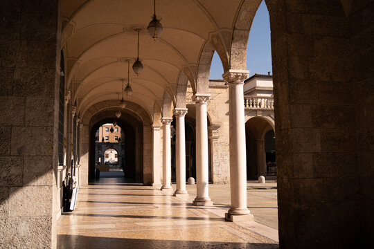 Traditional Italian architecture in Bergamo old town with medieval buildings and detailed facades in Lombardy Italy.