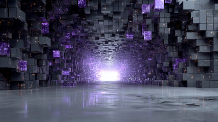 Fototapeta premium 霧がかった紫の空間に浮かぶ立方体と中心で輝く光のゲート背景