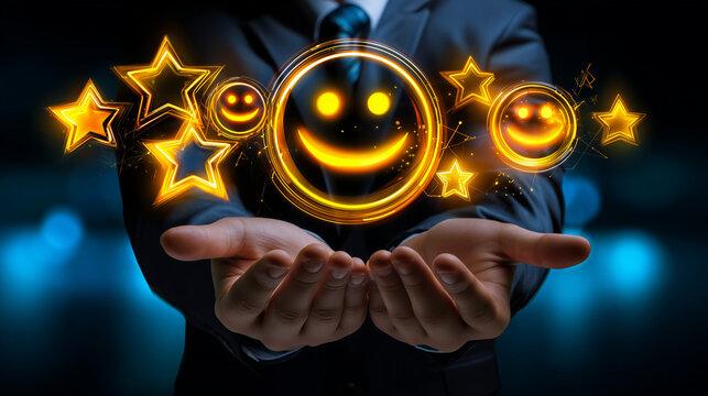 Professionnel tenant des &eacute;mojis et &eacute;toiles de satisfaction dans sa main. Concept d'avis en ligne, feedback client et exp&eacute;rience de service