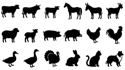 Black farm animal silhouettes set including cow horse pig goat sheep and poultry for agriculture design © Design Paradise