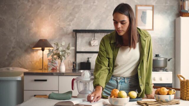 Young woman preparing fresh citrus juice in a modern home kitchen. She stands near a manual juicer on the counter while making a healthy homemade drink. Natural lifestyle, healthy nutrition, morning r