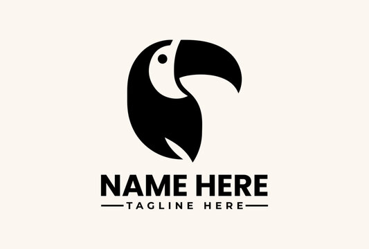 A minimalist logo design featuring a stylized black parrot's head with a placeholder name and tagline on a clean white background, ideal for branding or advertising use.