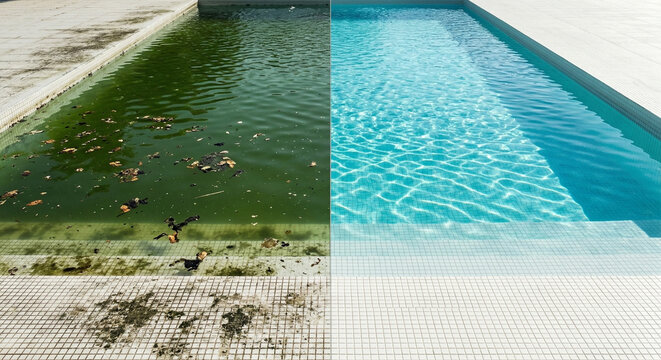 Before and after comparison of a neglected swimming pool cleaned.