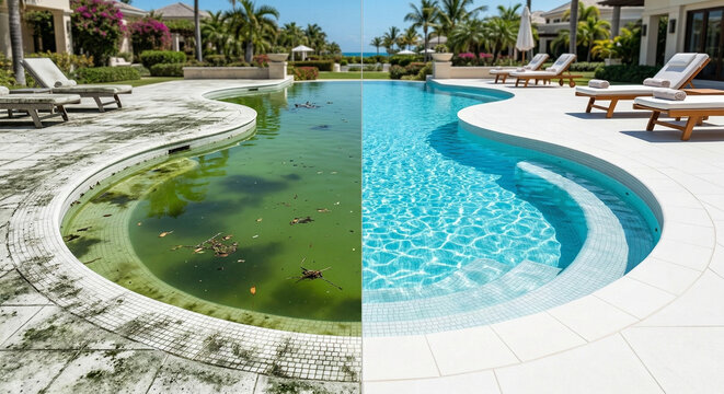 Before and after image of a dirty curved swimming pool cleaned.