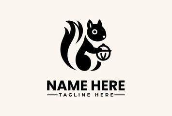 A black and white illustration of a squirrel holding an acorn, with placeholder text for a logo and tagline on a plain background. © vectorvovdesign