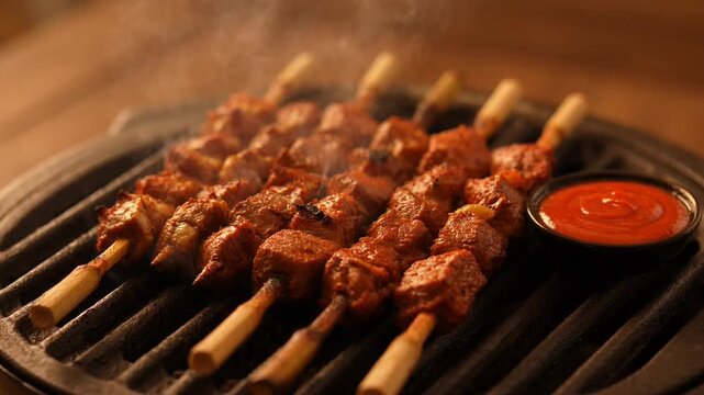 Smoked Skewers: An overhead view of a hot grill with delicious, freshly smoked skewers, served alongside a vibrant red dipping sauce. The image evokes the sensory delights of culinary art.