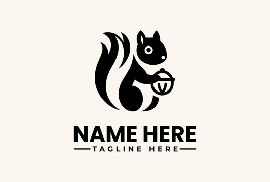 A black and white illustration of a squirrel holding an acorn, with placeholder text for a logo and tagline on a plain background.