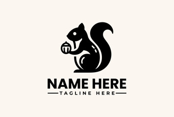 A black vector illustration of a squirrel logo holding an acorn, with placeholder text 'NAME HERE' and 'TAGLINE HERE' on a beige background. © vectorvovdesign