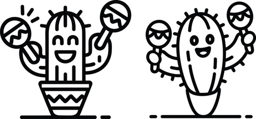 Funny Dancing Cactus with Maracas Line Art Icons for Cinco de Mayo