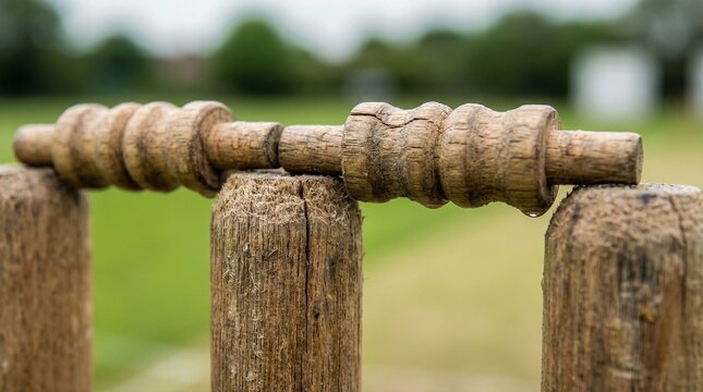 Wooden cricket bails close-up on grassy field  