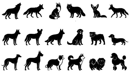 Black Silhouettes Collection of Various Canine Species Including Wolves Foxes and Domestic Dog Breeds © Design Paradise