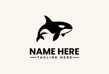 Vector illustration of an orca logo with placeholder text on a clean white background, featuring a simple black design. © vectorvovdesign