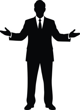 Black silhouette of a man in a suit with arms outstretched white background