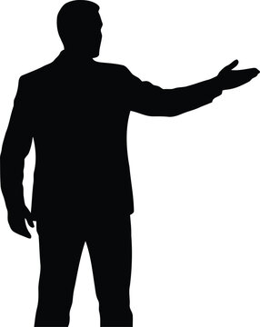Black silhouette of man in business suit presenting or gesturing