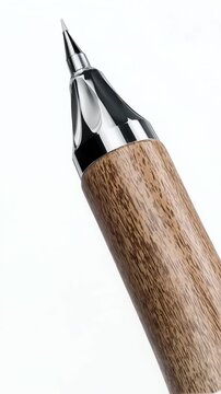 Close-up wooden pen with metal tip.