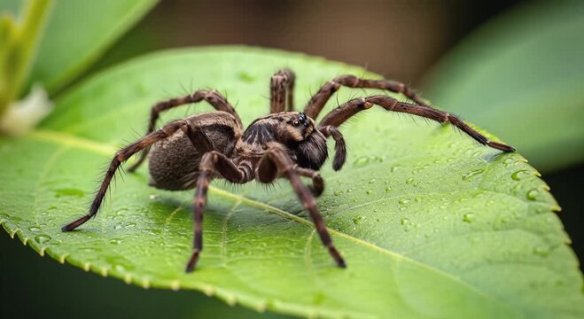 macro closeup of brown wolf spider on leaf with dewdrops