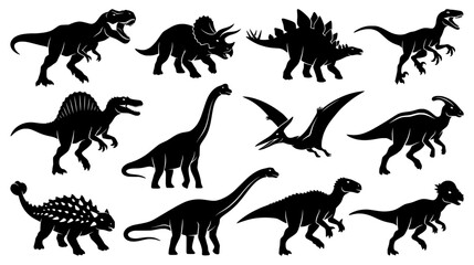 Collection of prehistoric dinosaur silhouettes including Tyrannosaurus Rex Triceratops Stegosaurus and Pterodactyl in dynamic poses © Design Paradise