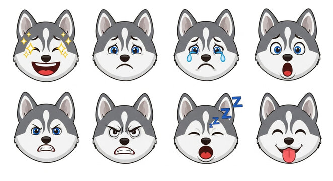 Set of Husky Dog Emoticons with Various Facial Expressions.