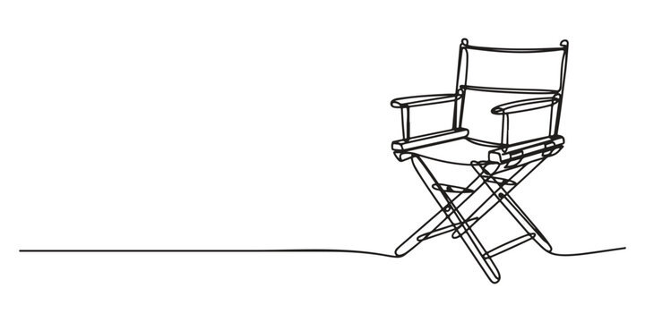 Continuous one line drawing of a cinema director chair. Vintage director chair isolated on a white background. Vector illustration. Line art of director's chair with motion lines for film themes.