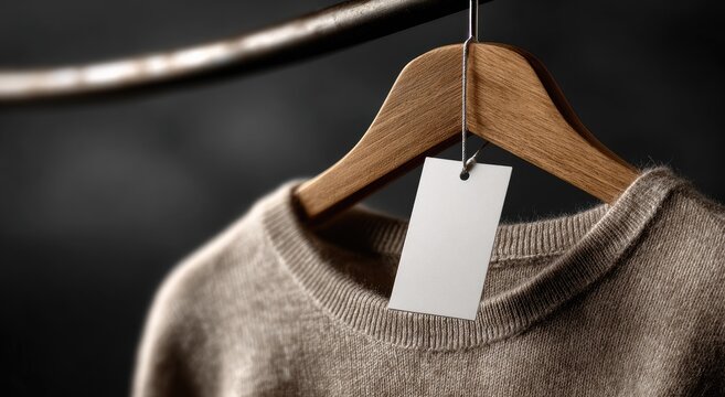 Cozy Beige Sweater Hanging on Wooden Hanger with Blank Tag.