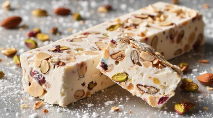 Obraz premium White nougat with almond and pistachio nuts on grey background. Delicious traditional Italian dessert bar. Sweet confectionery snack for holiday celebration and gourmet sugar treat.