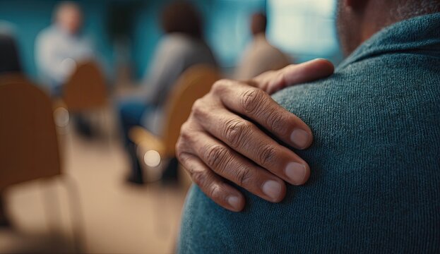 Close-up of a hand offering comfort and support to another person in a group setting.