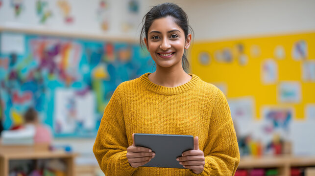 Kindergarten teacher holding tablet in classroom. Young indian woman educator using digital device for lesson planning. Early childhood education technology and school environment concept.